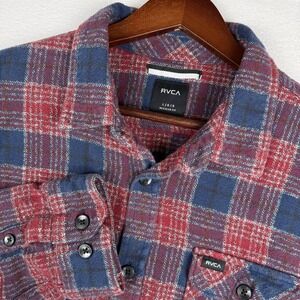 RVCA Mens L Red Blue Plaid Flannel Shacket Long Sleeve Shirt MH510LOW